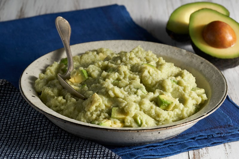 Plate of mashed cauliflower with avocado